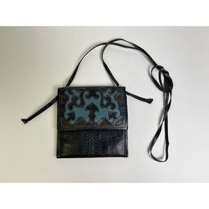 J.L. SALDIVAR Tooled Leather Black Trifold Crossbody Boho Western Purse